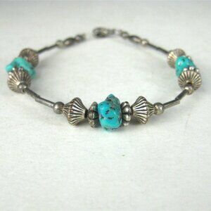 Turquoise Stone Beaded Bracelet Korea Vintage Southwestern Silver Plated Bead
